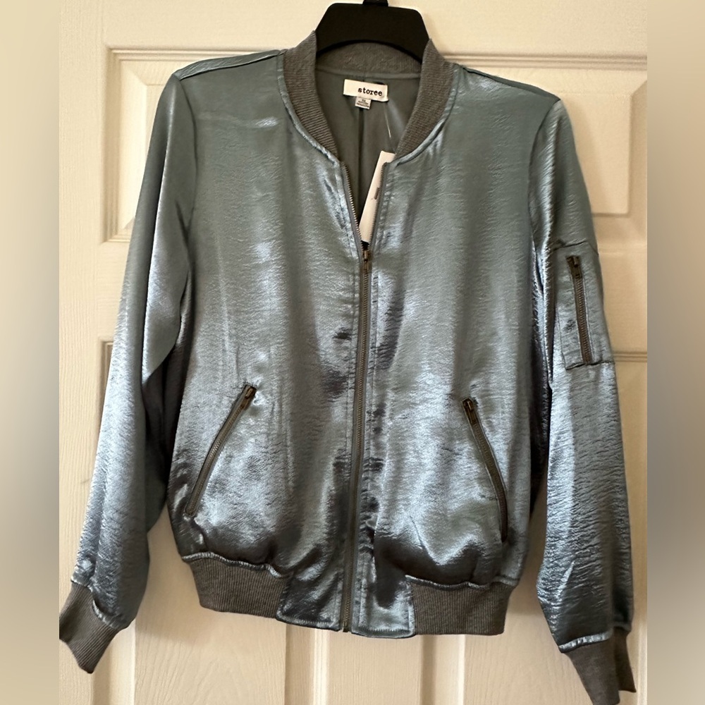 Storee Satin Shimmer Turquoise Bomber Jacket Zip Up NWT